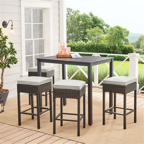 Mainstays Ayden Park 5 Piece Outdoor Patio High Dining Set Brown Wicker Tan Cushions And