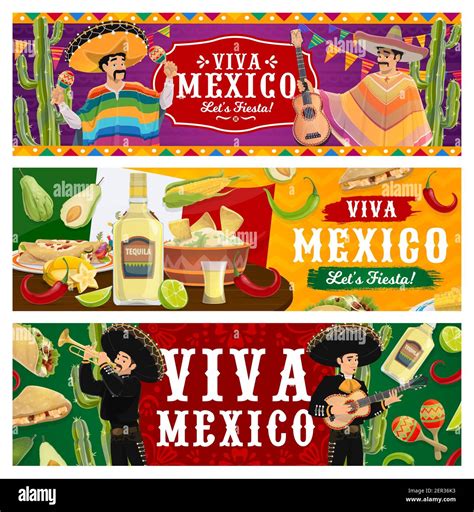 Viva Mexico Fiesta Party Vector Banners Mariachi Musicians In