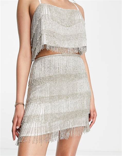 Asos Edition Beaded Fringe Mini Skirt In Silver Asos