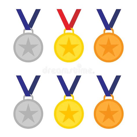 Gold Silver And Bronze Medals With Blue And Red Ribbon White