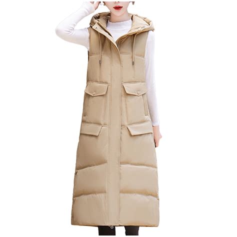 Leesechin Womens Long Puffer Vest Cotton Sleeveless Puffy Jacket With Removable Hood