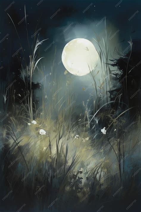 Premium AI Image | A painting of a moonlit landscape with a field of grass and flowers.