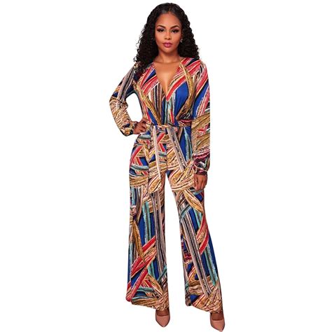 Sexy Autumn Style Deep V Neck African Printed Jumpsuits Women 2017 New Fashion Loose Long Sleeve