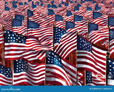 Fields Of Freedom A Sea Of Waving American Flags At Sunset Stock