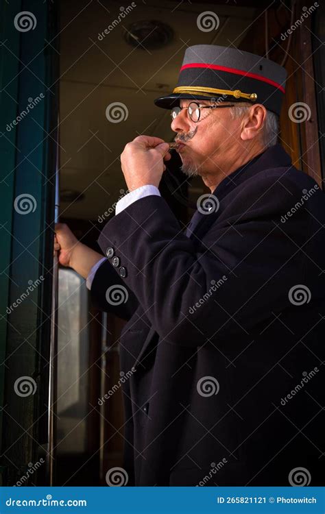 Retro Train Conductor Blowing Whistle Stock Image - Image of departure ...