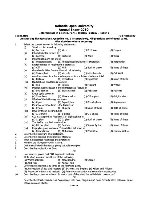 Nalanda Open University I Sc Biology Botany Part I Paper I 2011