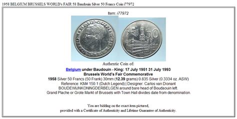 1958 BELGIUM BRUSSELS WORLD S FAIR 58 Baudouin Silver 50 Francs Coin