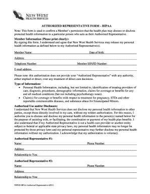 Fillable Online Authorized Representative Form Hipaa Note This Form