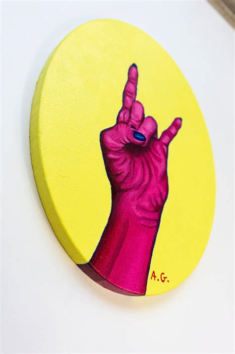 ORIGINAL OIL PAINTING Oval Canvas Featuring Surreal Pink Hand Signing I ...