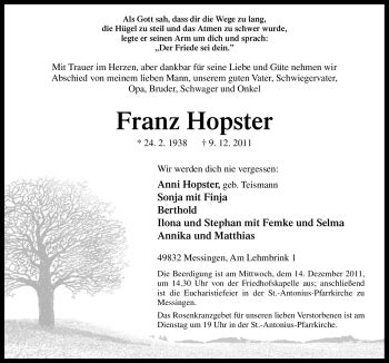 Traueranzeigen Von Franz Hopster Noz Trauerportal