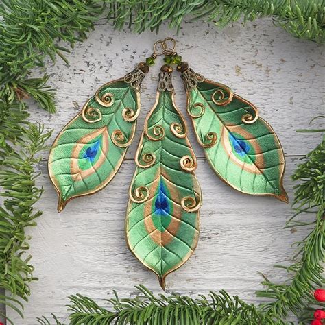 Set of Leather Peacock Feather Holiday Ornaments - Beadmask