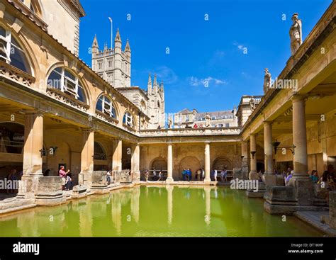 The Great Bath Roman Baths With Bath Abbey Behind Bath Unesco World