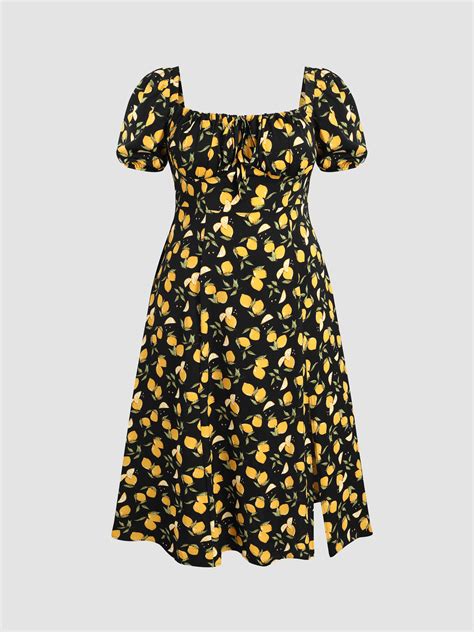 Woven Fruit Square Neck Puff Sleeve Midi Dress Curve And Plus For Daily