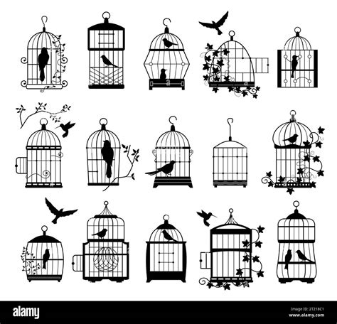 Bird Cages With Birds Silhouettes Black Wall Decals With Flying Birds