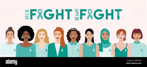 Ovarian And Cervical Cancer Awareness Month We Fight Together Phrase Diverse Women With Teal