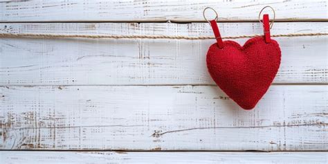 Premium Photo Red Heart Hanging On Clothesline On White Wooden Background