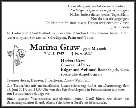 Traueranzeigen Von Marina Graw Vrm Trauer De