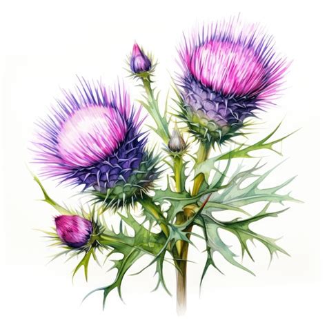 Premium Photo Watercolor Painting Of Thistle With White Background