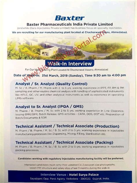 Baxter Pharmaceuticals Walk In Interview For Qc Qa And Production