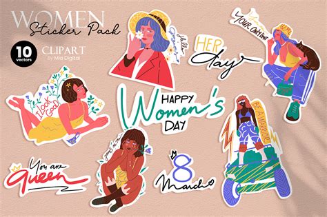 Women Empowerment Sticker Pack 8 March Happy Womens Day Vector Set