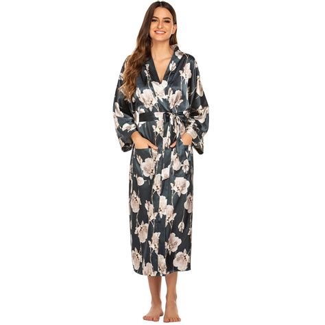 Womens Floral Long Satin Robes Plus Size Long Silk Robes Floral