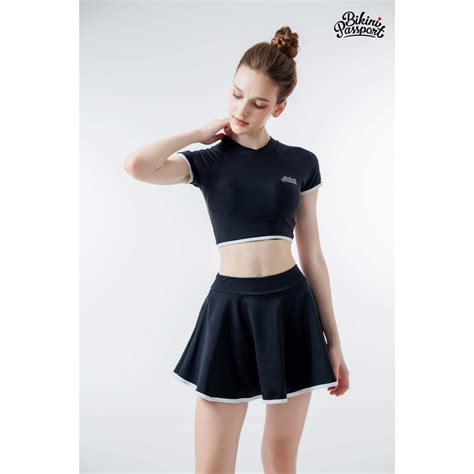 Đồ bơi NỮ BIKINI PASSPORT Hai mảnh LC dạng váy áo tay ngắn có logo màu Đen BS BL