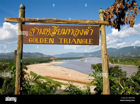 Golden Triangle Sign Where Thailand Meets Burma And Laos On The Mekong