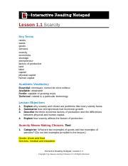 Ngss Econ T L Crn Doc Lesson Scarcity Key Terms Needs Wants