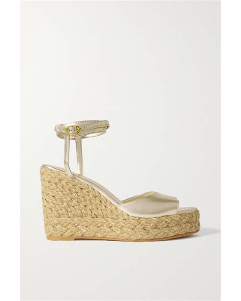 Stuart Weitzman Barelynude Metallic Leather Espadrille Wedge Sandals In