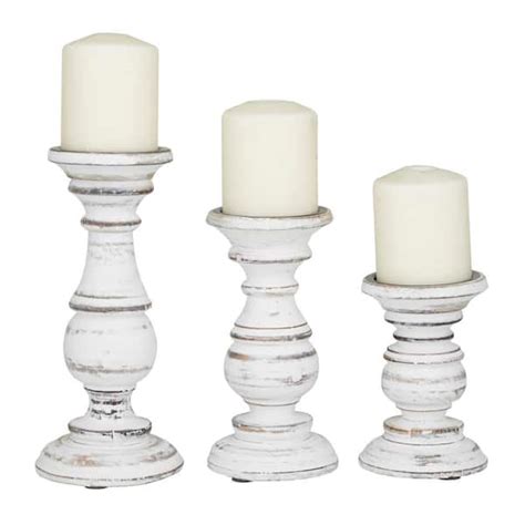 Litton Lane White Mango Wood Turned Style Pillar Candle Holder Set Of