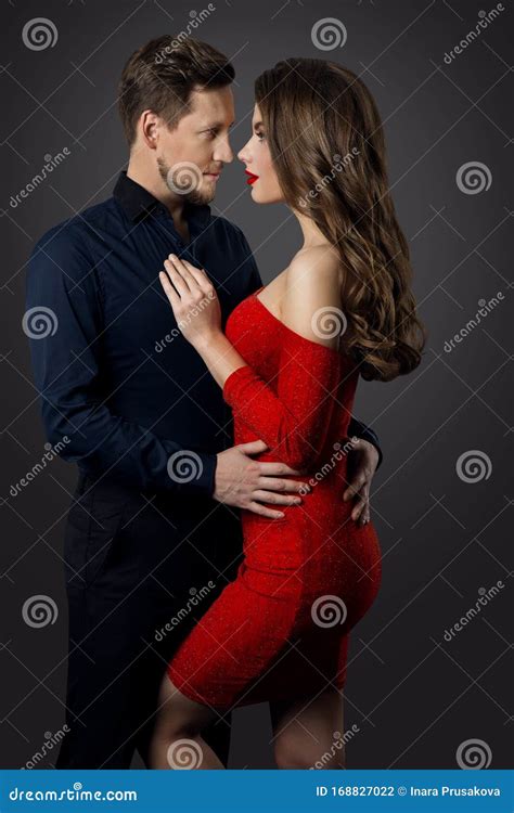 Couple Beauty Portrait Beautiful Woman In Red Dress Embracing Elegant