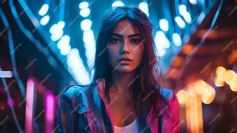 Premium Ai Image A Woman Stands In Front Of A Neon Light