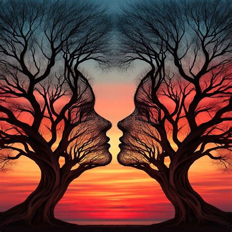 Two Trees Intertwining To Create An Illusion Of Two Human Faces Trying To Kiss Stock