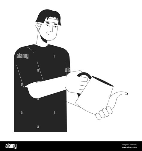 Korean Guy Holding Watering Can Black And White 2d Line Cartoon