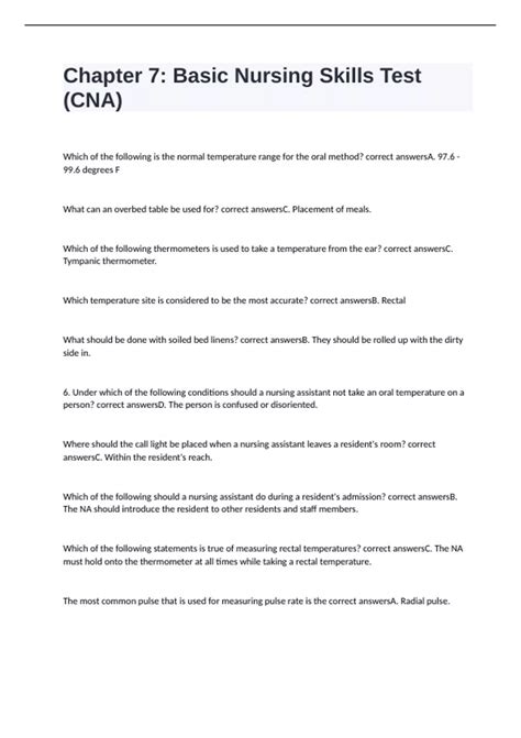Chapter 7: Basic Nursing Skills Test (CNA) with 100% correct answers