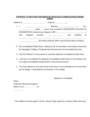 Fillable Online Kce Ac Duplicate Consolidated Grade Sheet Affidavit Fax