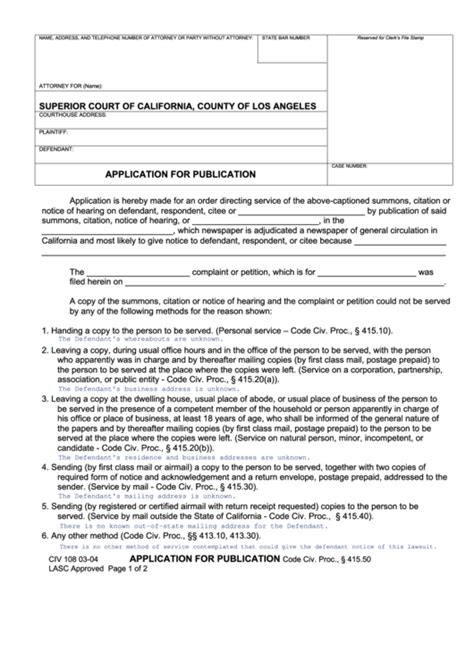 Fillable Application For Publication Form - Superior Court Of California printable pdf download