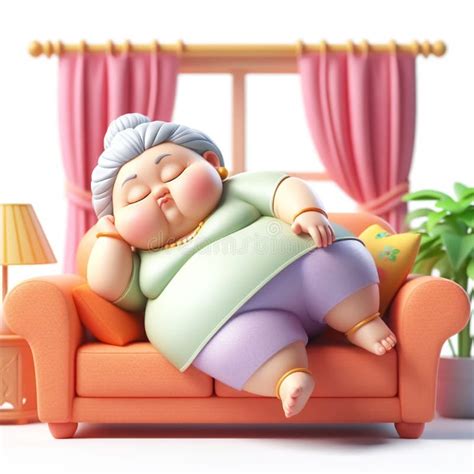 3D Funny Cartoon of Chubby Elderly Woman Sleeping on Sofa. AI Generated Stock Illustration ...