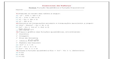 ExercÍcios Função Quadrática E Equação Exponencial [pdf Document]