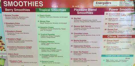 Tropical Smoothie Printable Menu