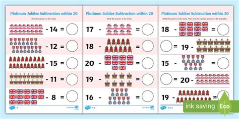 Platinum Jubilee Subtraction Within 20 Activity Sheets