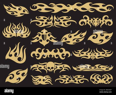 Golden vehicle motorcycle flames set design on black background. Vector ...