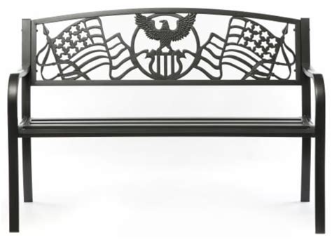 Steel Outdoor Patio Park Bench With Cast Iron Patriotic American Flag