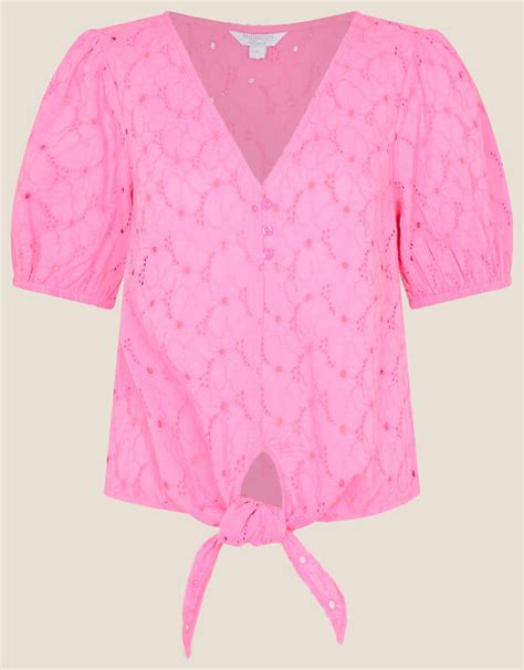 Tie Front Broderie Top Pink