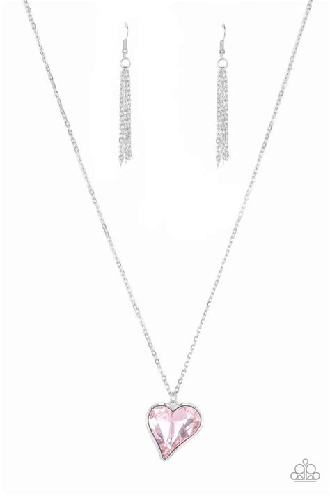 Paparazzi Heart Flutter Pink Rhinestone Gem Silver Necklace And