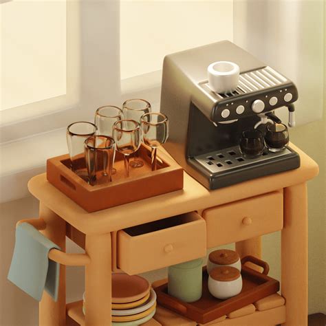 A Toy Coffee Machine Sitting On Top Of A Wooden Table Next To Cups And