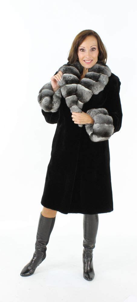 Black Sheared Mink Fur Coat W Chinchilla Fur Collar Cuffs