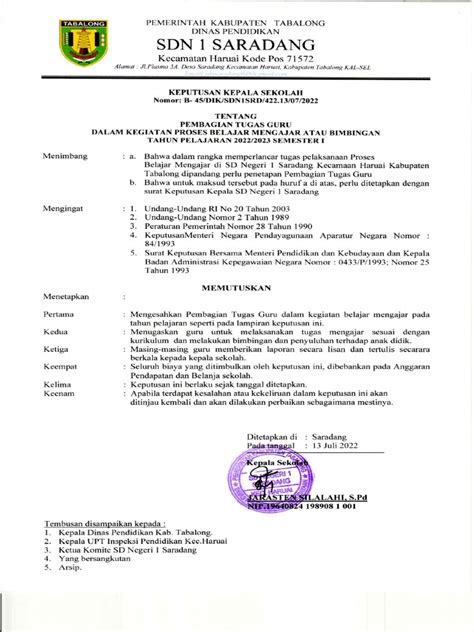 Sk Pembagian Tugas Mengajar 20222023 Pdf