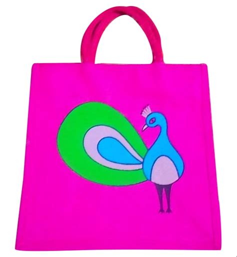 Short Cotton Padded Zipper Dark Pink Peacock Printed Jute Shopping Bag