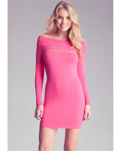 Bebe Off Shoulder Sweater Dress In Pink Lyst